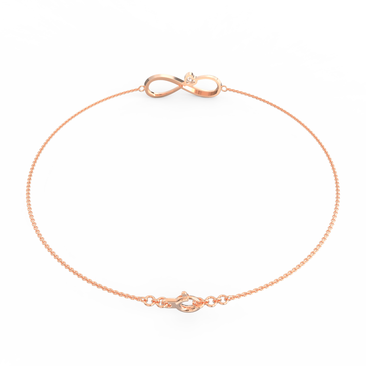 Rear clasp detail of the infinity bracelet in rose gold with a fine handcrafted finish.
