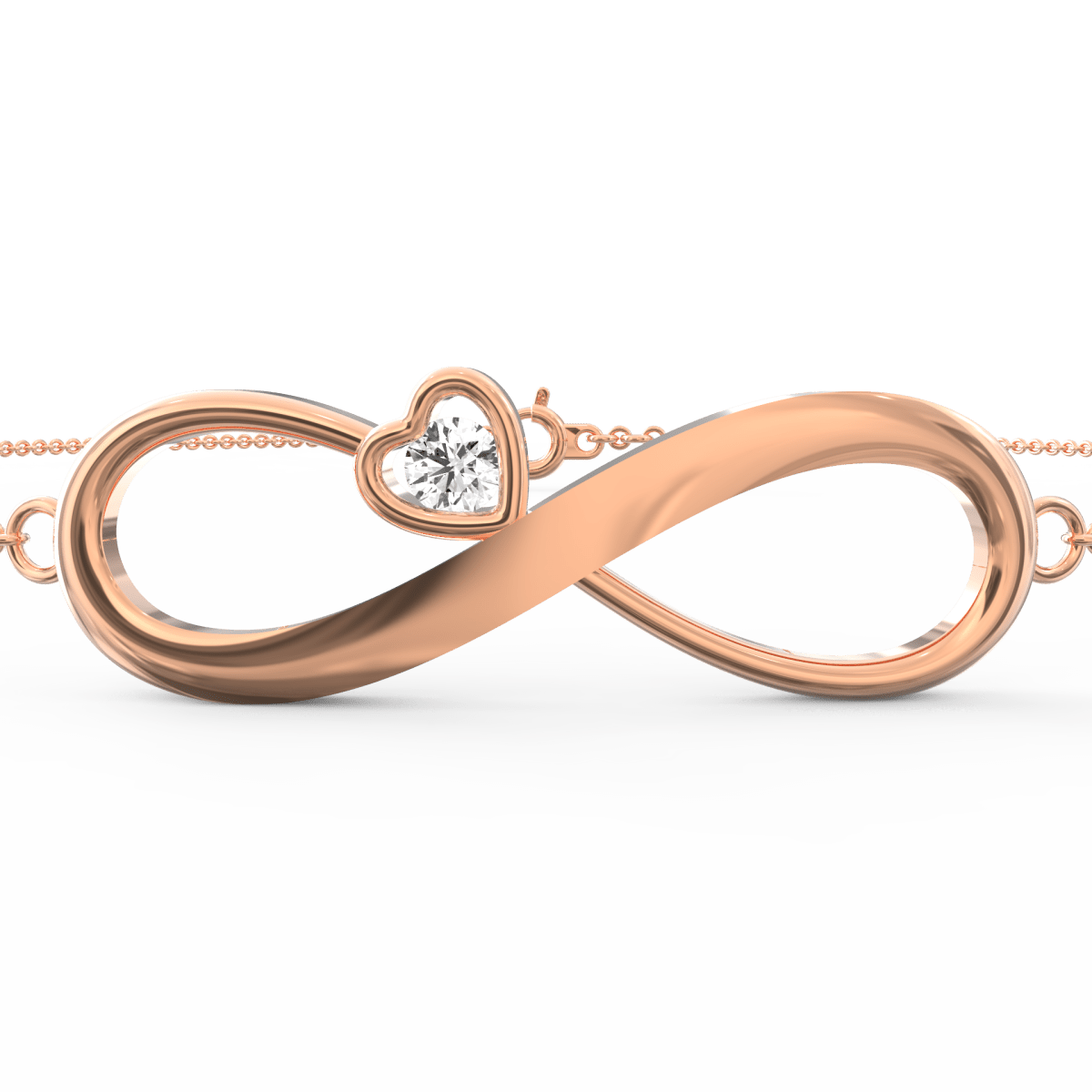 Top view of rose gold bracelet featuring infinity curves set with tiny shimmering diamonds.

