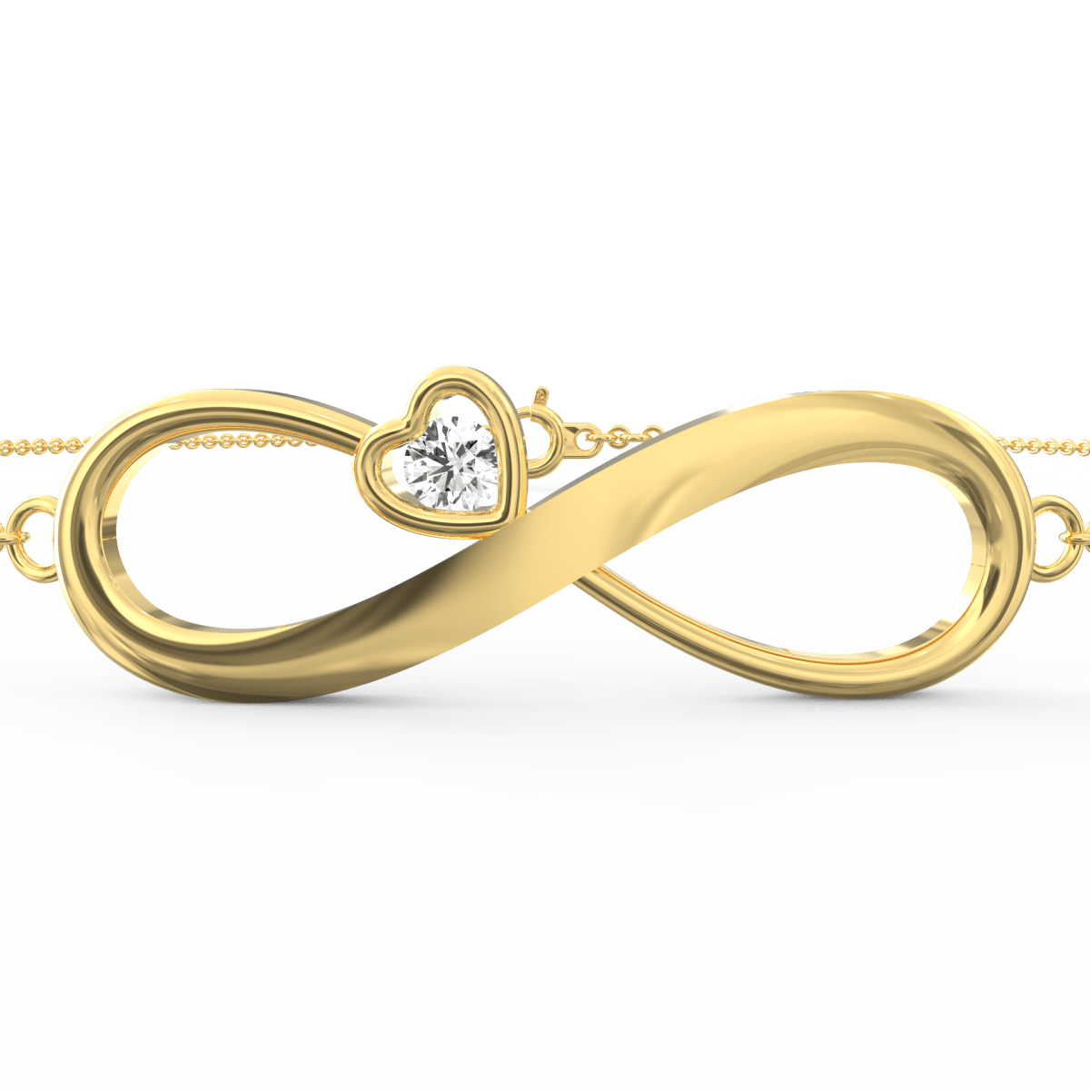 Top view of the bracelet’s full arc highlighting the infinity loop and diamonds on yellow gold.

