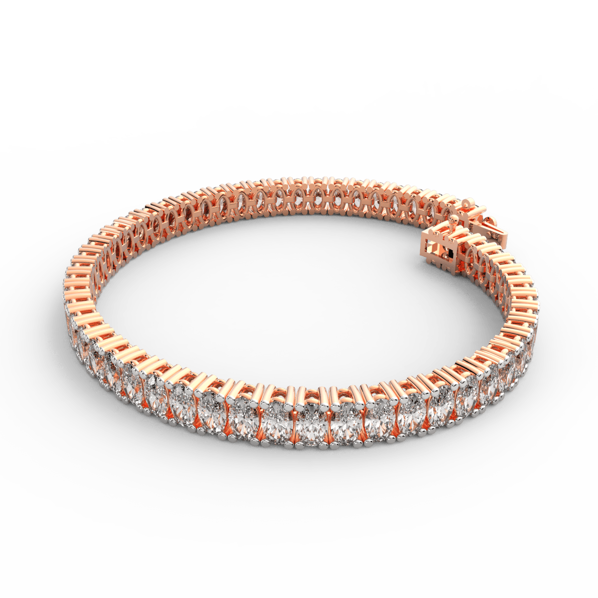 Back clasp image of handcrafted bracelet in rose gold with clean oval settings.
