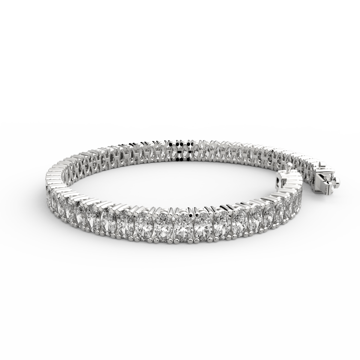 Rear clasp view of white gold bracelet with neatly set oval lab diamonds.
