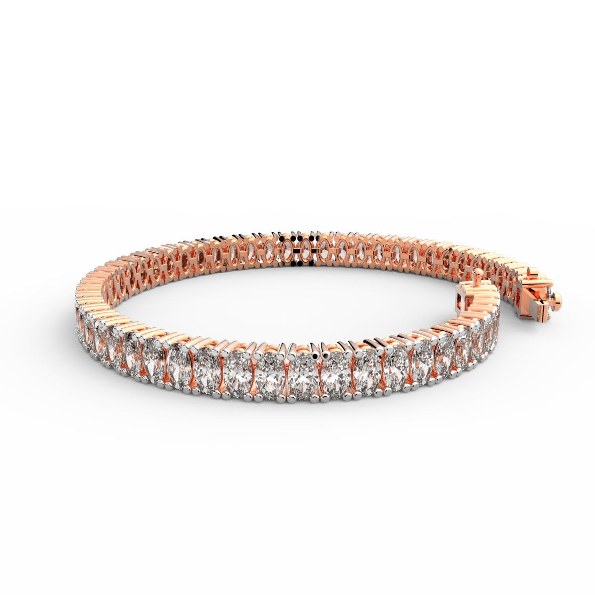 Side view showing slim profile and diamond symmetry of rose gold lab bracelet.
