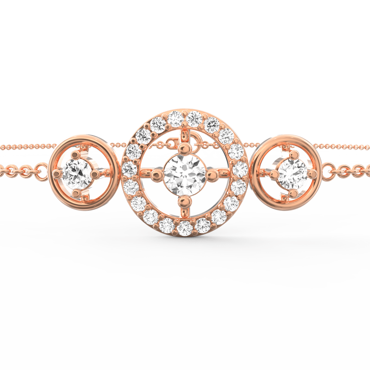 Top view showcasing delicate chain design with tiny lab grown diamonds in rose gold.

