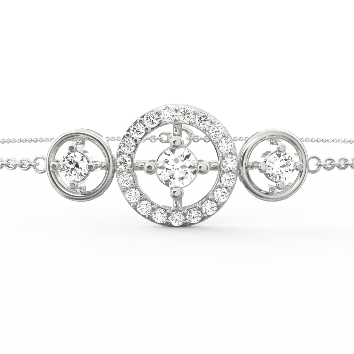 Overhead shot highlighting uniform lab diamonds set in a flowing white  chain.

