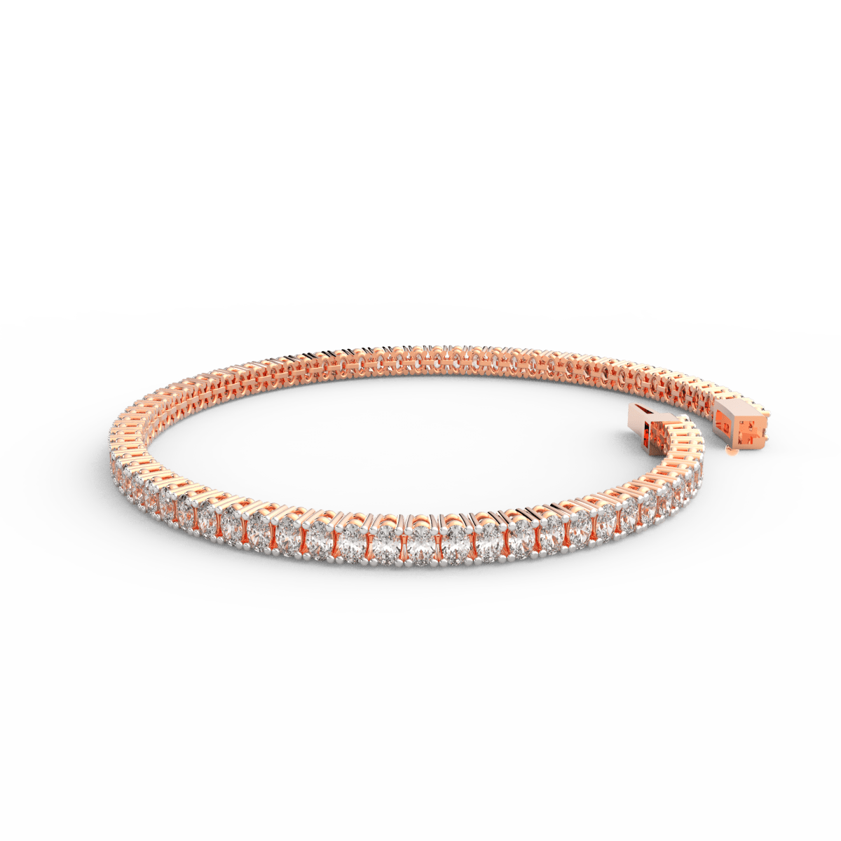 Side view of sleek rose gold bracelet featuring ethically crafted oval diamonds.
