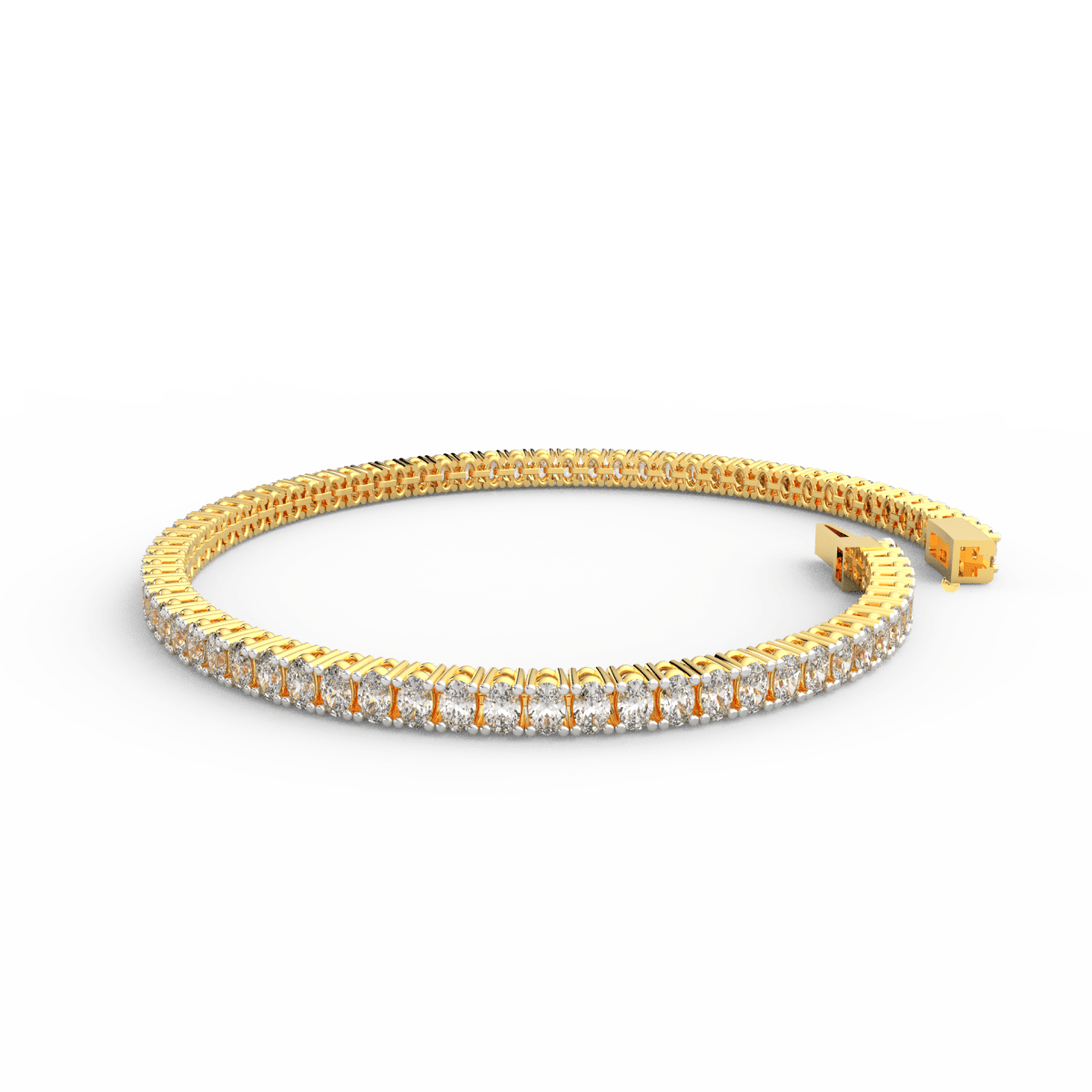 Side image revealing the delicate tennis-style curve in bright yellow gold.
