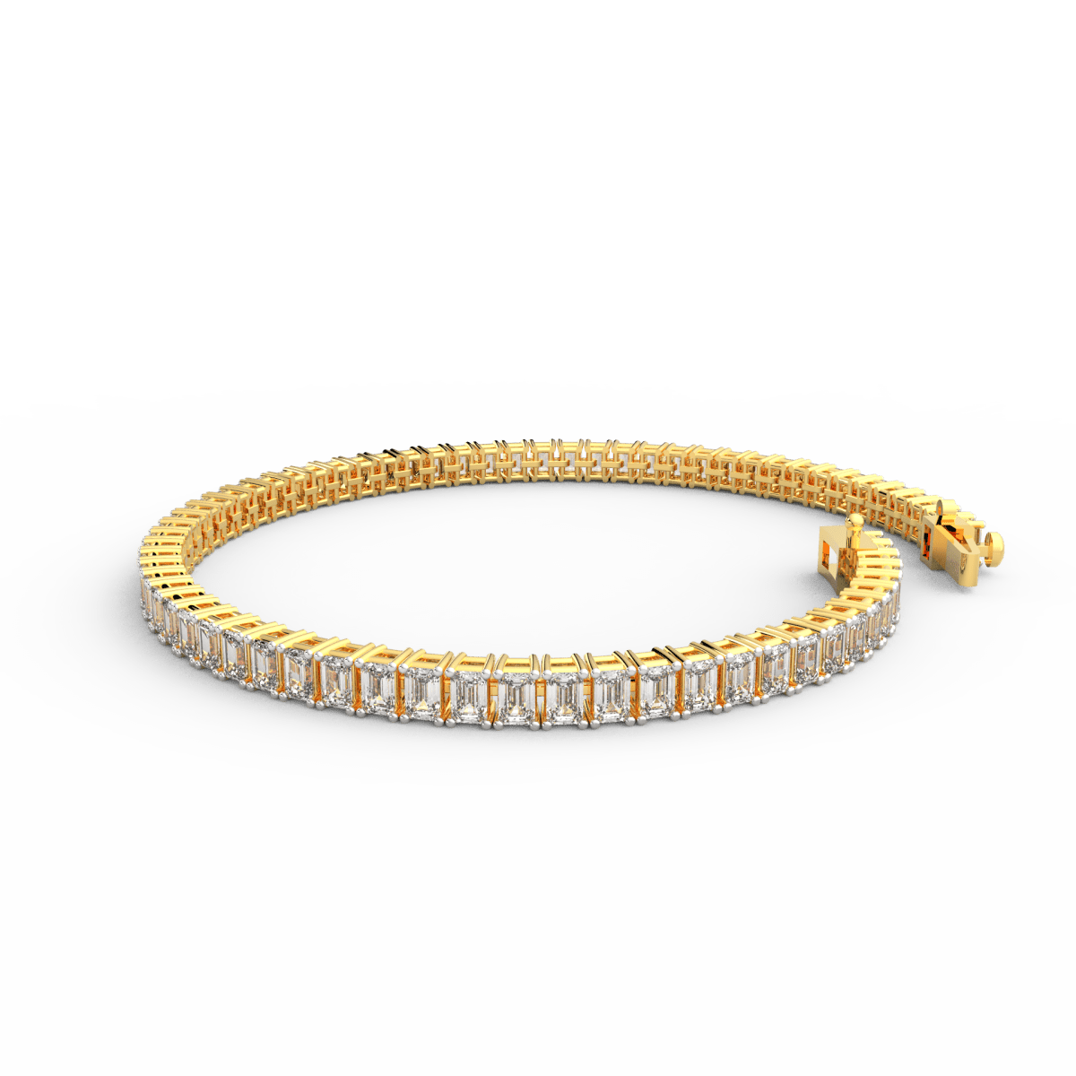 Slim side view showing yellow gold structure and flat-set emerald diamonds.
