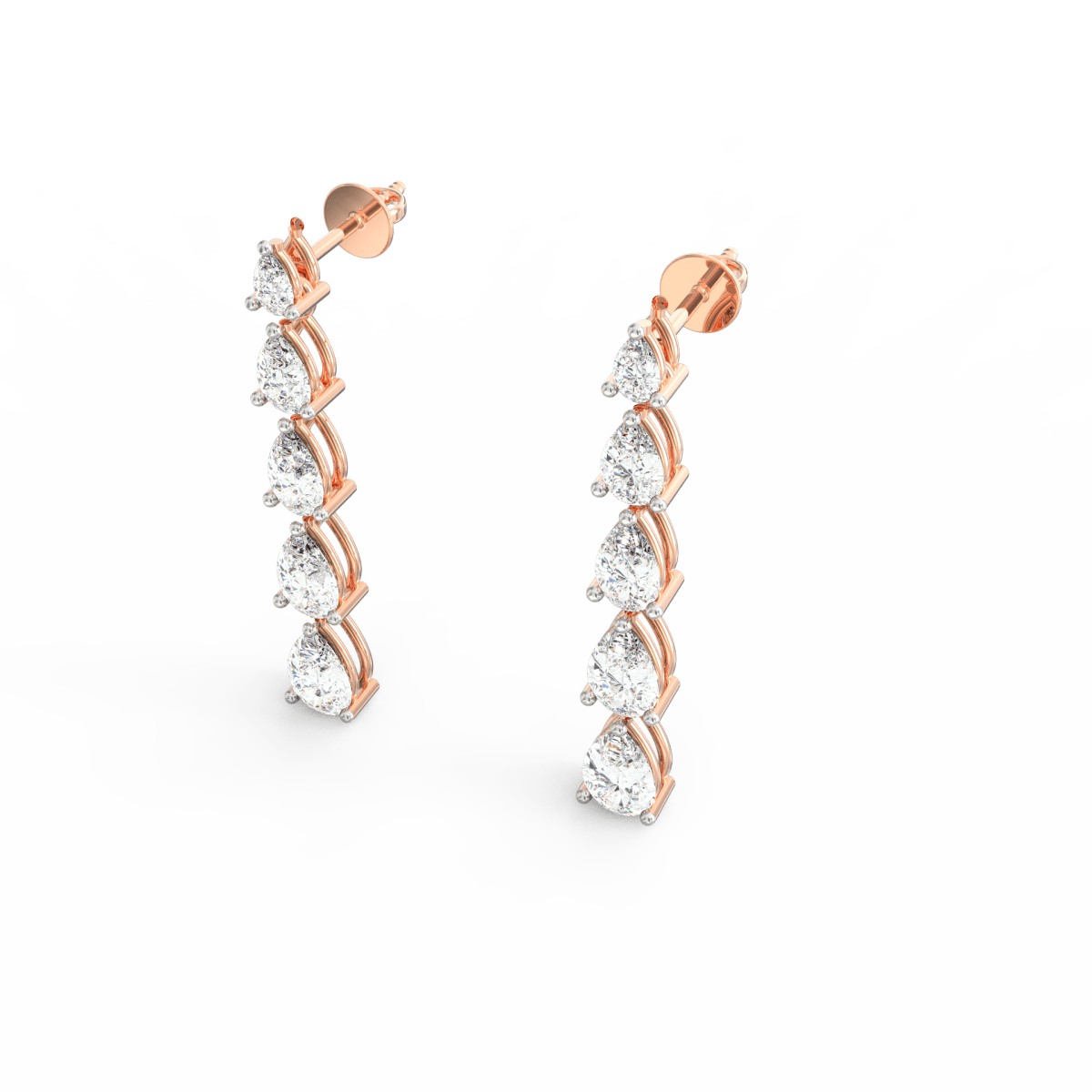 perspective view of a conflict-free diamond earring in rose gold gold.

