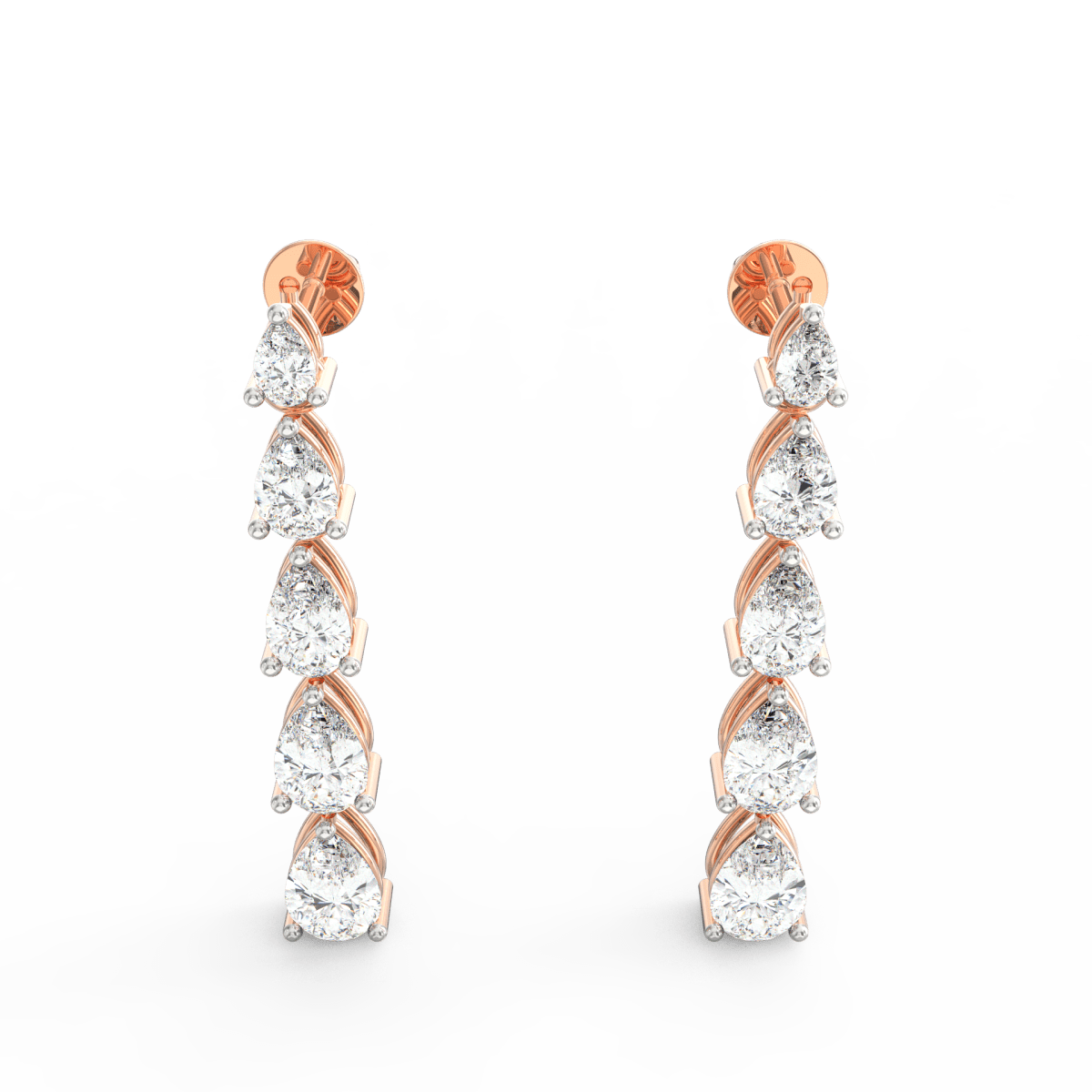 Seen from the top, this rose gold gold earring shows off its sleek contours.
