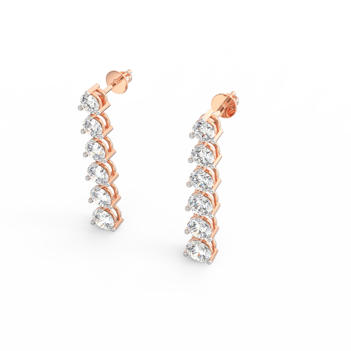 Close-up of the conflict-free diamond accents on this rose gold gold earring, perspective perspective.
