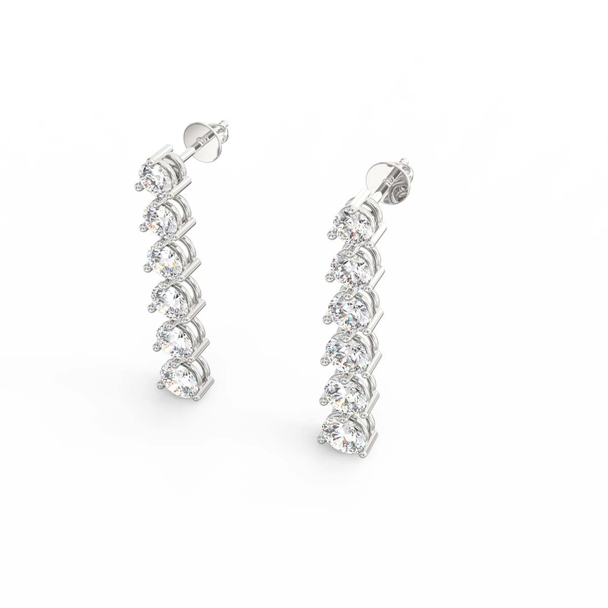 perspective view of a conflict-free diamond earring in white gold gold.

